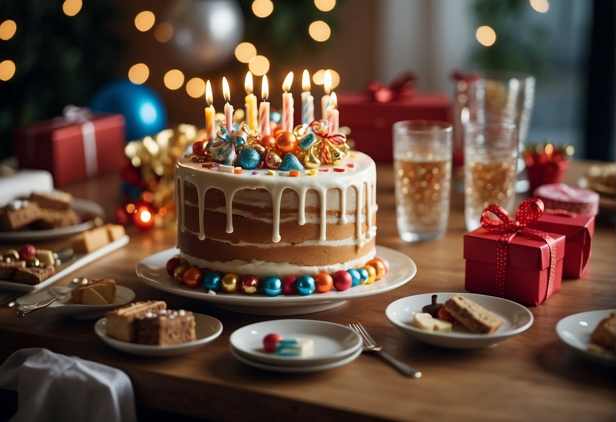 A table adorned with presents and a birthday cake, surrounded by smiling faces and joyful laughter