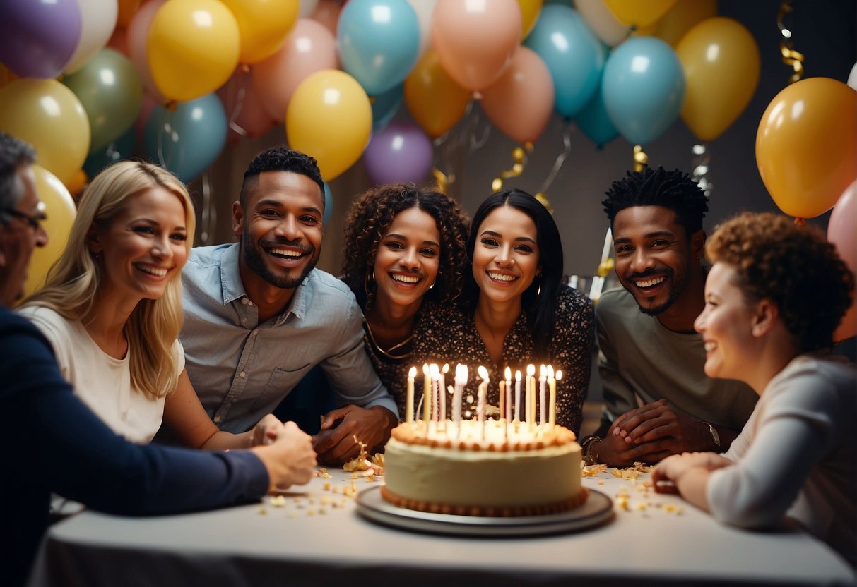 A group of people gathered around a table with a large birthday cake, balloons, and decorations. There are smiles, laughter, and presents being exchanged