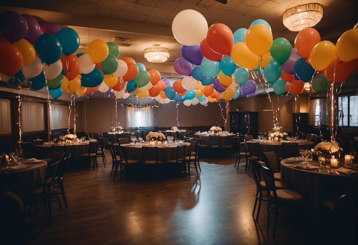 Guests gather around a beautifully decorated party venue, with balloons, streamers, and a large "65" sign. Tables are adorned with centerpieces and party favors, while a band sets up in the corner