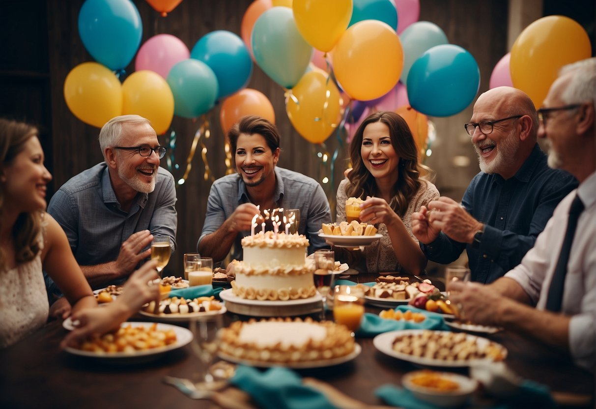 A group of people celebrating with balloons, streamers, and a large cake. Tables are set with games and activities for a 65th birthday party