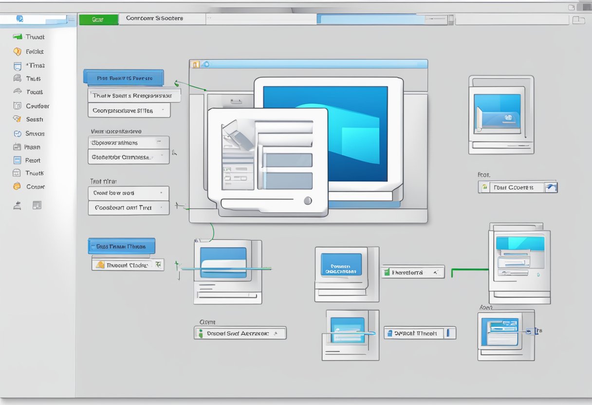 A computer screen with a PowerPoint window open. A cursor hovers over the "File" tab, then clicks "Options." In the Options window, the cursor selects "Trust Center" and then "Trust Center Settings." Finally, the cursor clicks on