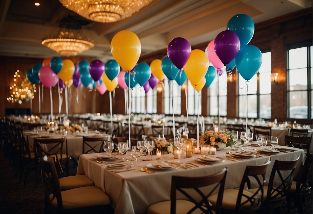 Colorful balloons, streamers, and banners adorn the venue. Tables are set with elegant centerpieces and flickering candles. Guests mingle amidst the lively music and laughter