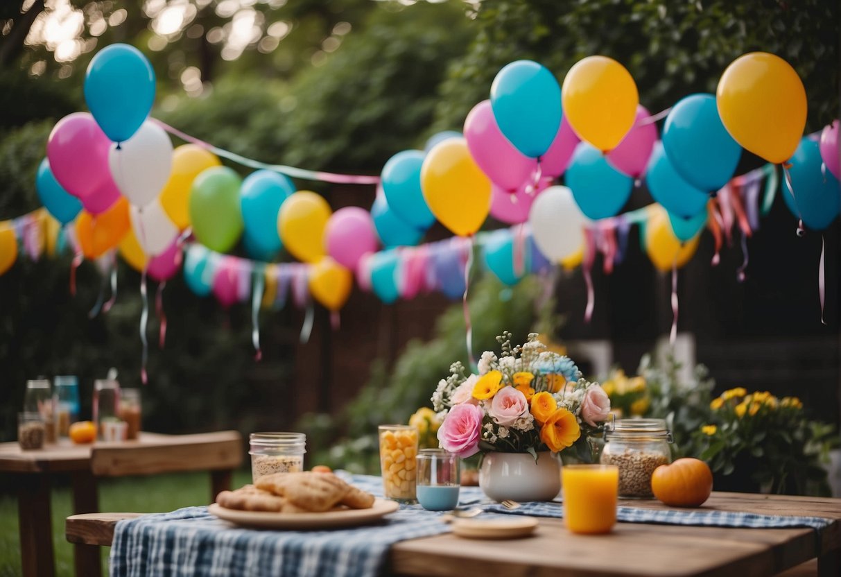 Colorful balloons and streamers decorate a cozy backyard. A table is set with photos and mementos, surrounded by smiling friends and family