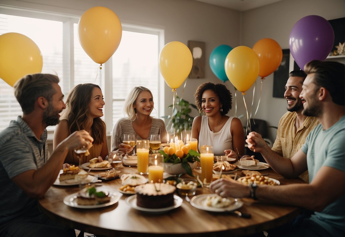 A group of friends and family gather around a table filled with food and drinks, laughing and sharing stories. Balloons and decorations adorn the room, and a birthday cake with 66 candles sits in the center