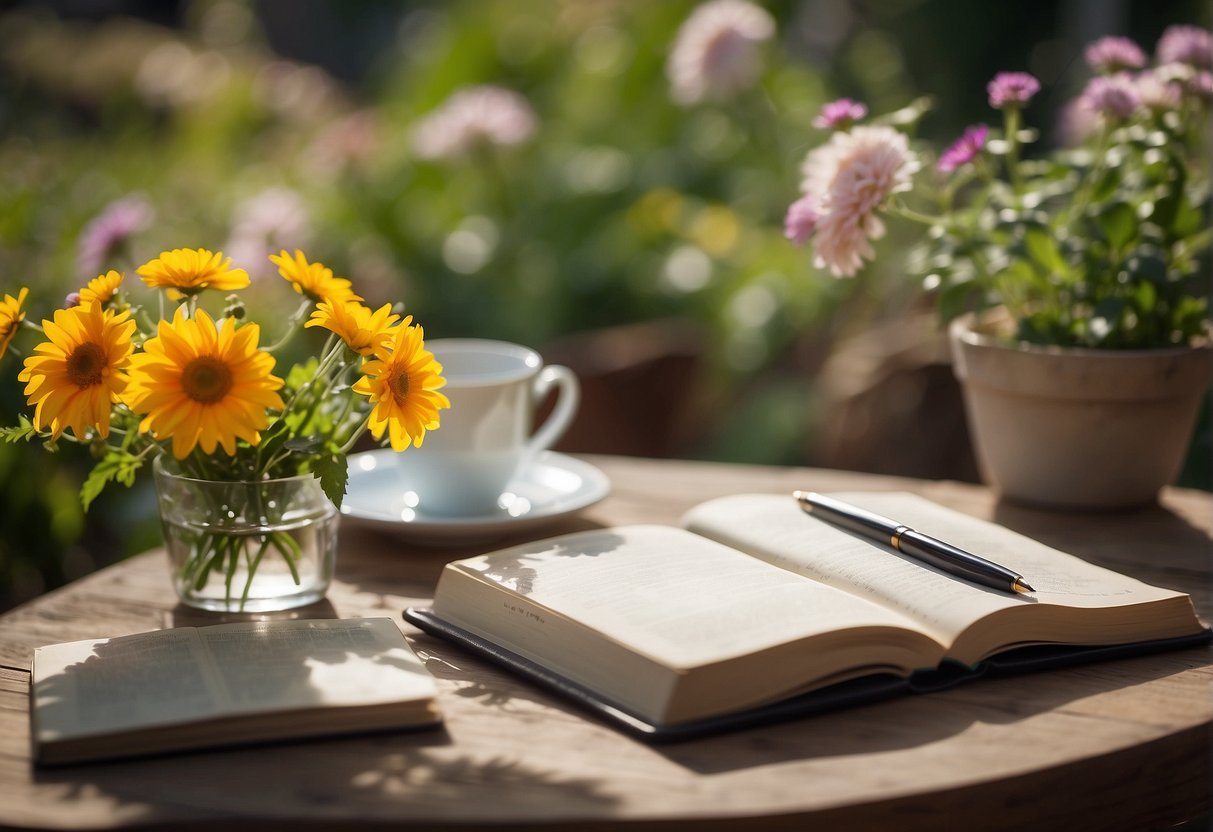 A table set with flowers, a journal, and a pen. A bookshelf filled with memories. A serene garden with a winding path