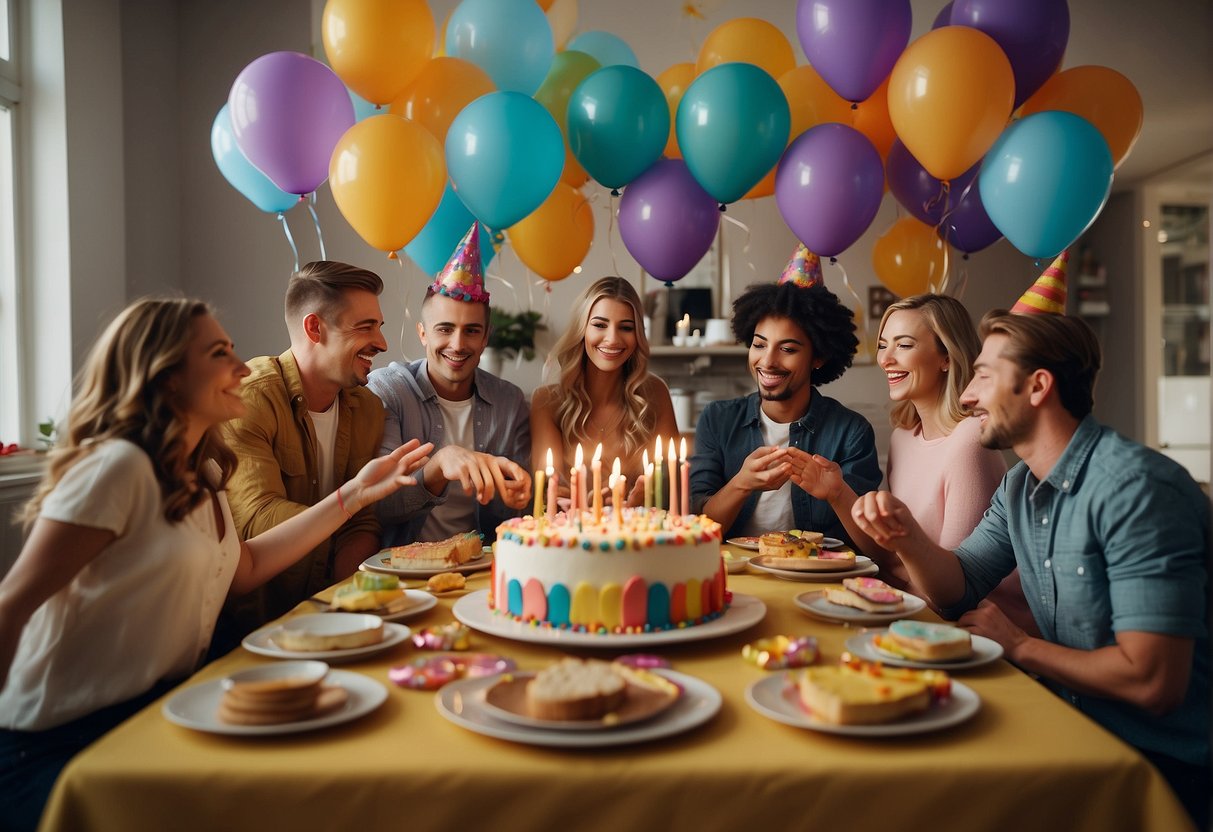 A group of people gather around a table filled with colorful decorations and party hats. A cake with 66 candles sits in the center, surrounded by presents and balloons. Laughter and smiles fill the room as the celebration begins