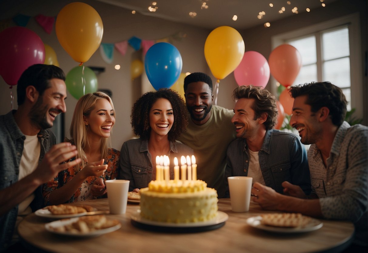 A group of people gather around a table, laughing and sharing stories. A birthday cake with 66 candles sits in the center, surrounded by presents and balloons. The room is filled with joy and celebration