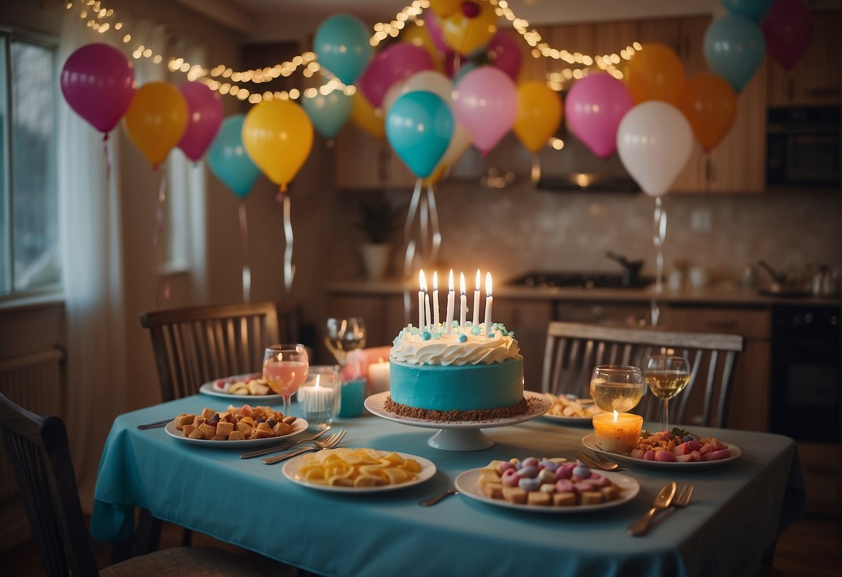 Colorful presents surround a festive table, with balloons and streamers adorning the room. A birthday cake with 66 candles sits in the center, while friends and family gather to celebrate