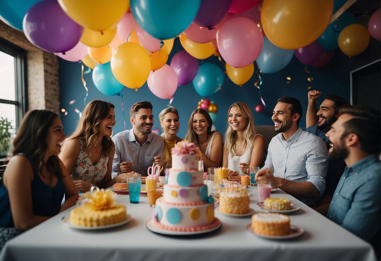 A colorful party room with balloons, streamers, and a large birthday cake surrounded by smiling guests