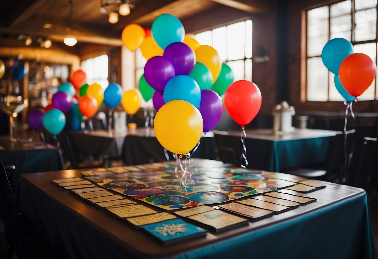 Colorful balloons, confetti, and a festive banner decorate the room. A table is filled with board games, puzzles, and a karaoke machine. Laughter and lively conversations fill the air as guests enjoy the interactive activities and entertainment