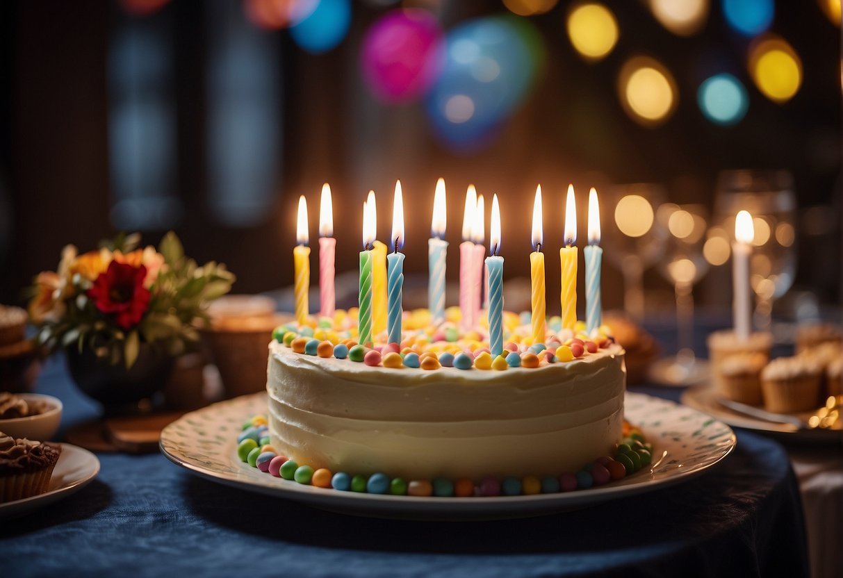 A table set with colorful decorations, a cake with 67 candles, and a group of friends and family gathered around to celebrate a 67th birthday