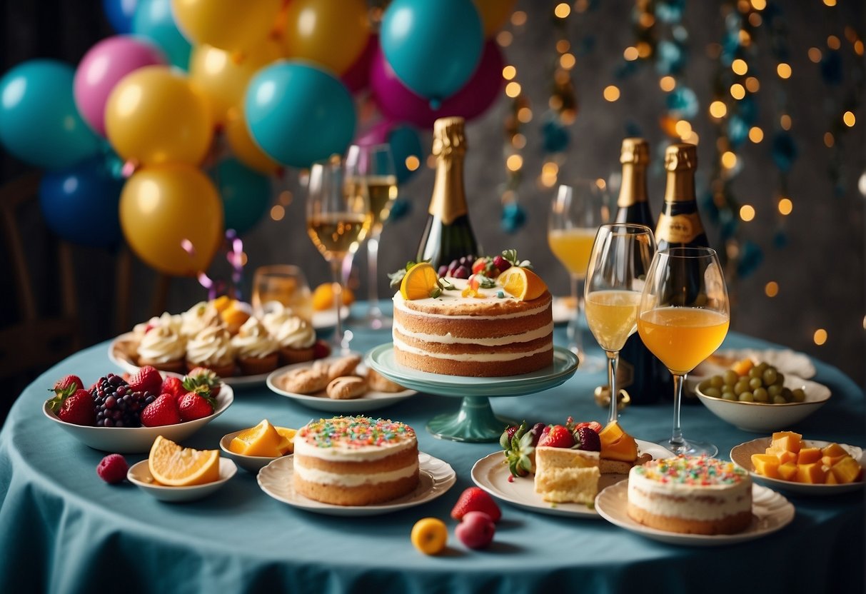 A festive table with a variety of colorful dishes and drinks, including a birthday cake and champagne glasses, surrounded by party decorations and balloons