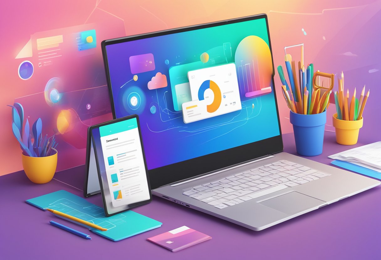 A laptop displaying a 3D animated PowerPoint template with vibrant colors and dynamic movement, surrounded by creative tools and a sleek, modern workspace