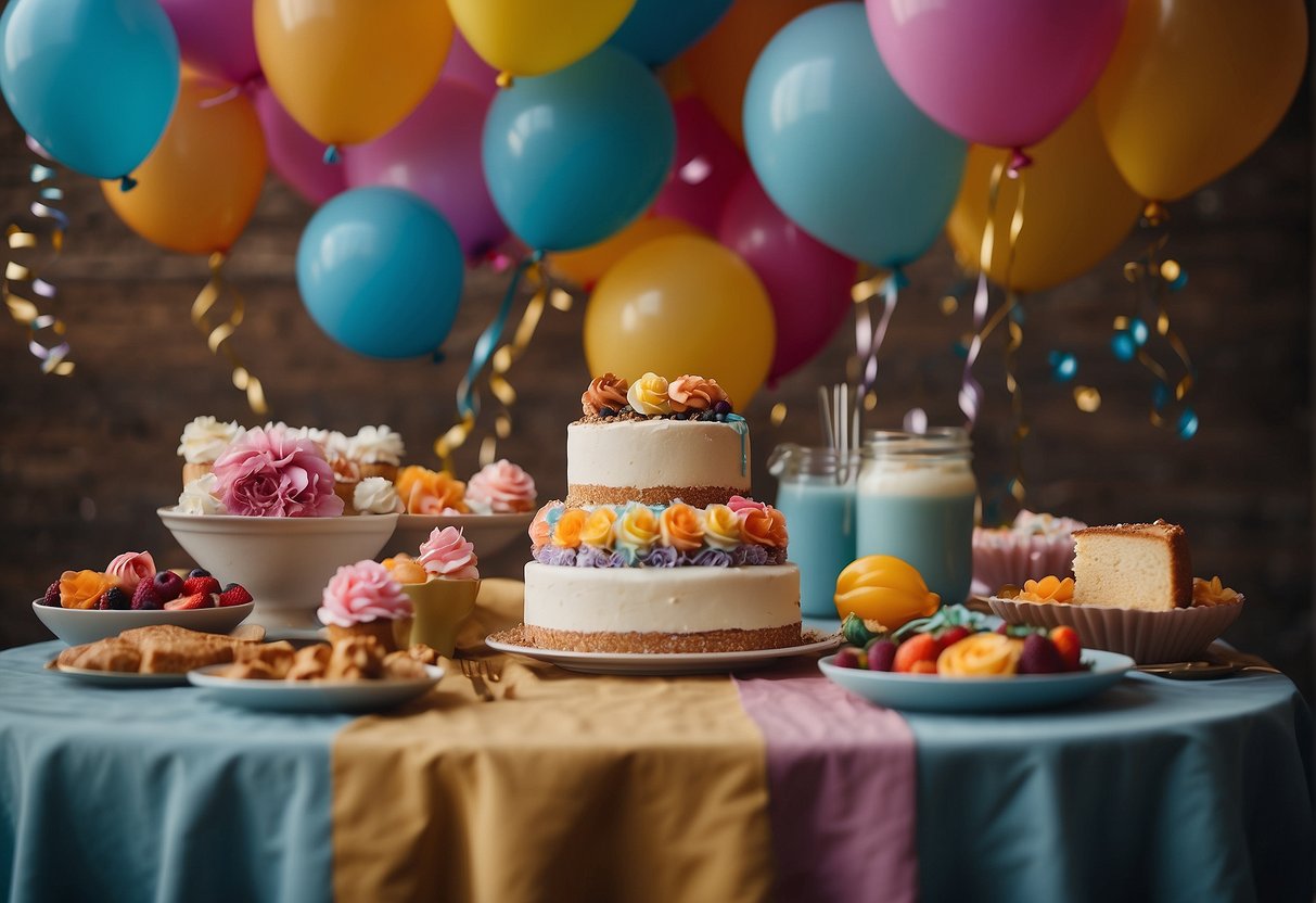 A table set with a colorful cake, balloons, and gifts. A group of friends and family gathered around, smiling and laughing