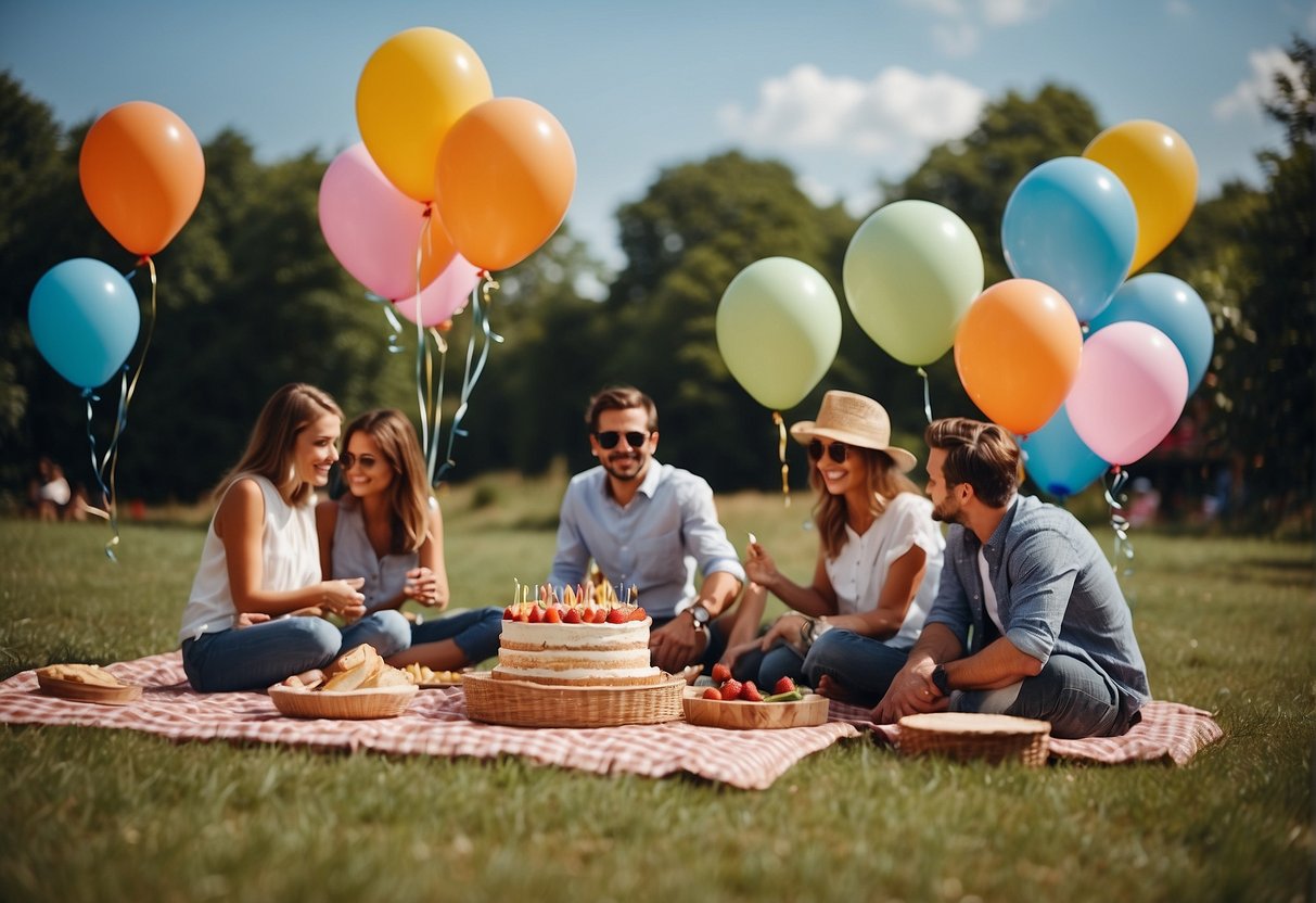 A lively outdoor picnic with balloons, presents, and a large birthday cake surrounded by family and friends