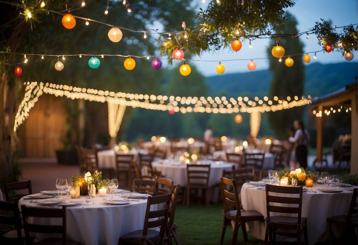 Colorful decorations adorn the outdoor space, with tables set for a festive dinner. String lights illuminate the area, while a live band plays music for the guests