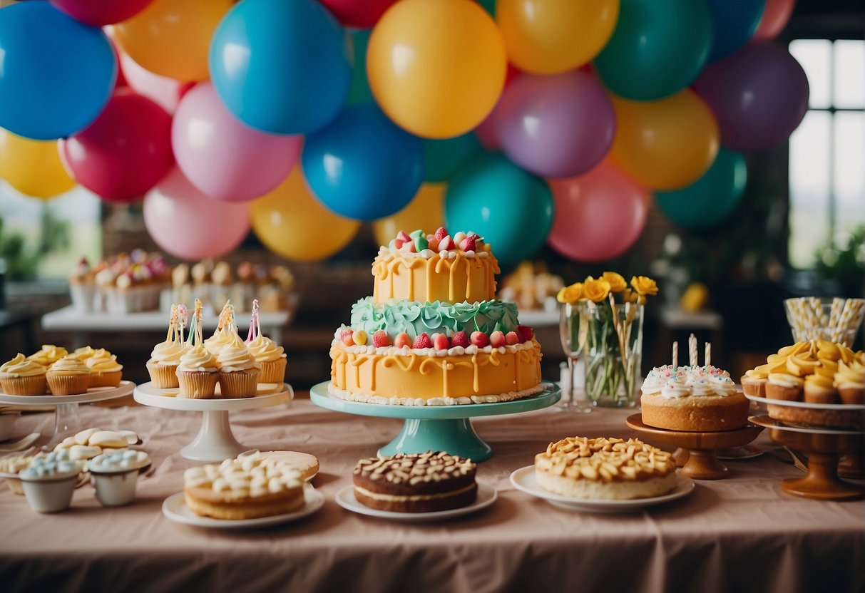 A lively 68th birthday party with a colorful balloon arch, festive decorations, and a table set with cake, presents, and party favors