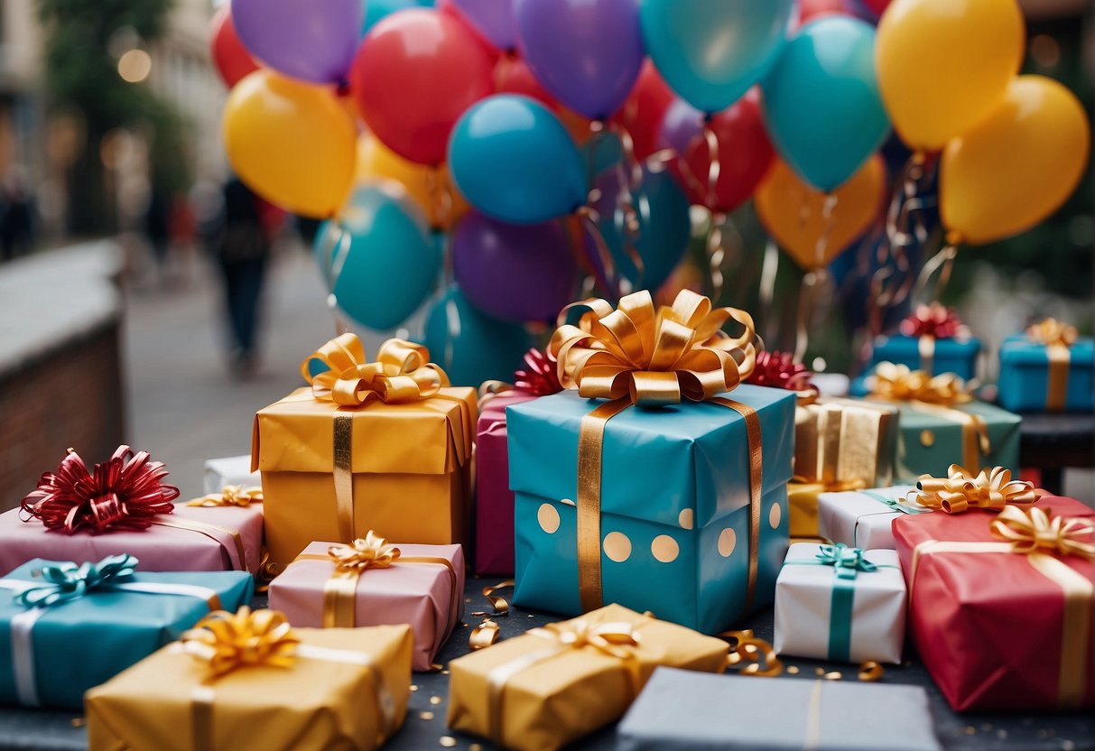 Colorful gifts and shopping bags scattered around a festive birthday table, with balloons and confetti in the background