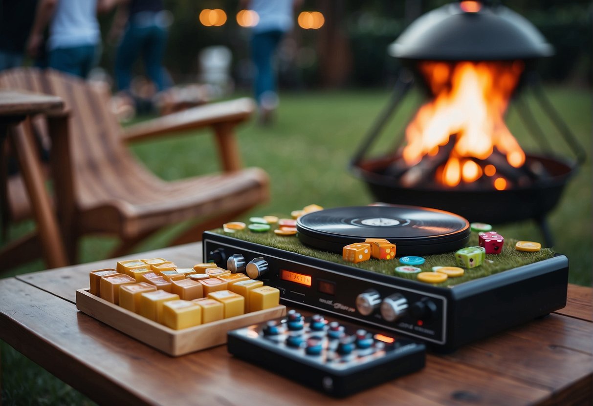 A table filled with board games, a karaoke machine, and a cozy outdoor fire pit offer post-party entertainment for the 68th birthday celebration