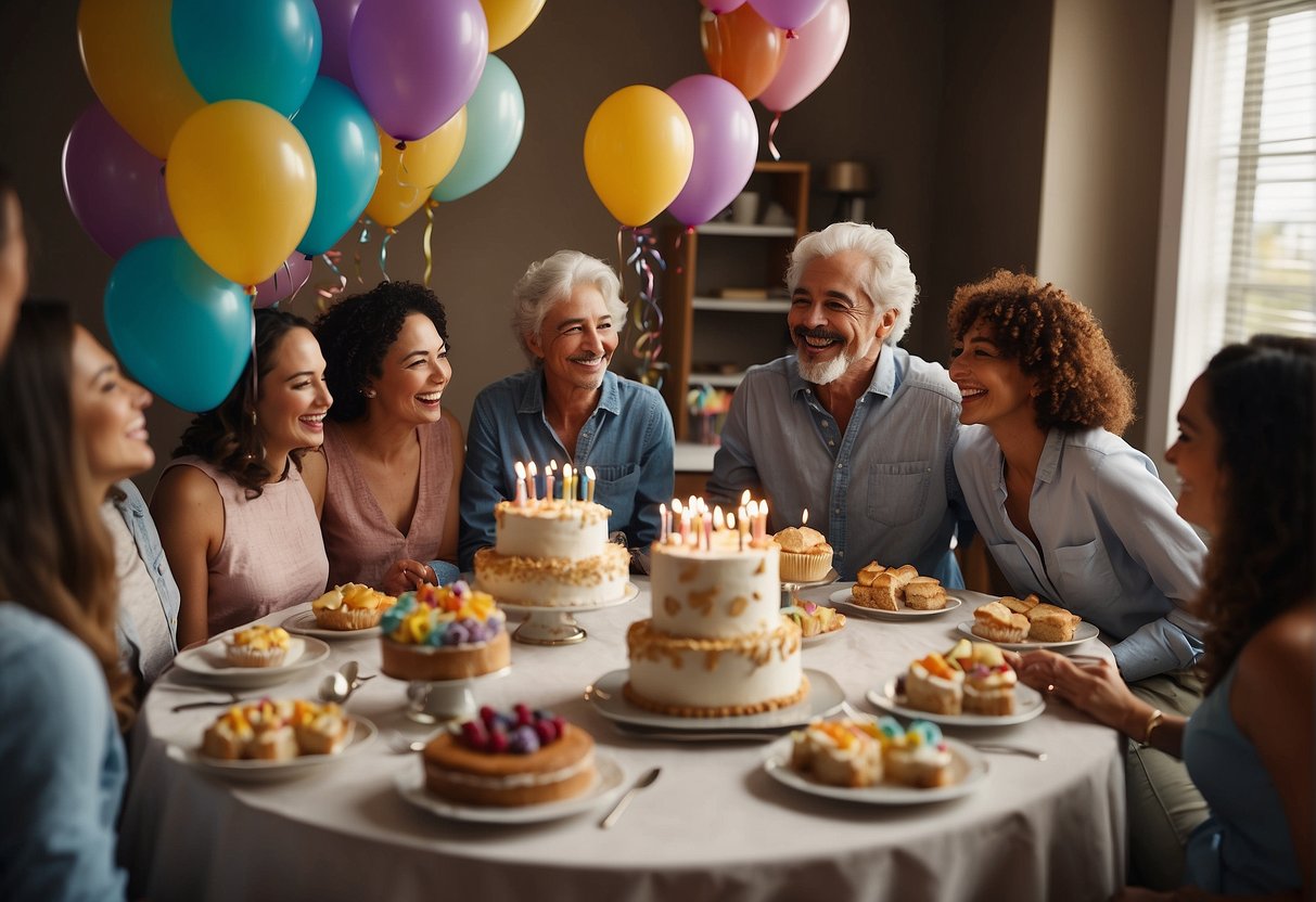 A table set with colorful balloons, cake, and presents. A group of friends and family gathered, laughing and chatting. A banner reads "Happy 69th Birthday."