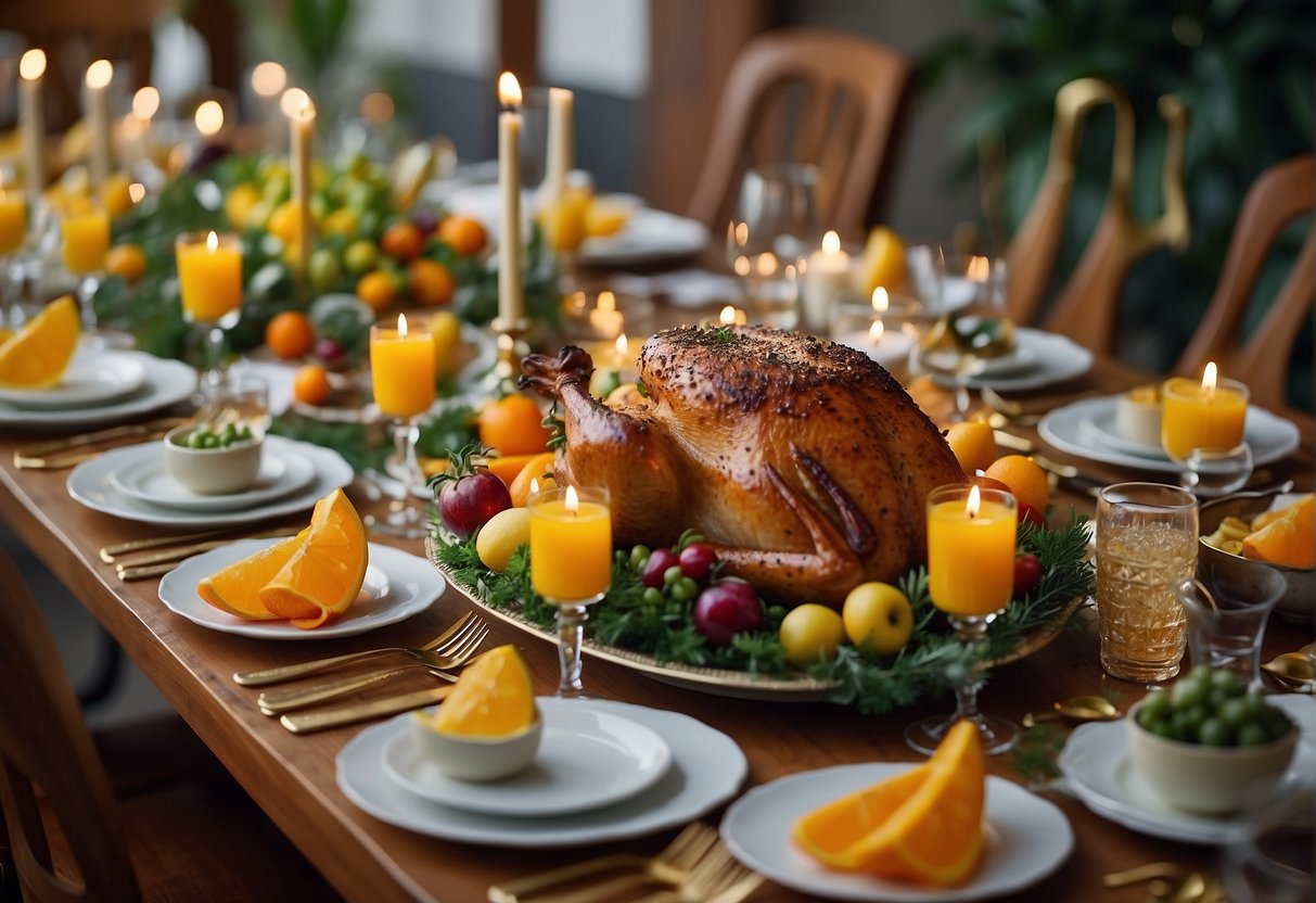 A festive dining table with a variety of cuisine options for a 69th birthday celebration. Colorful dishes and decorations create a lively atmosphere