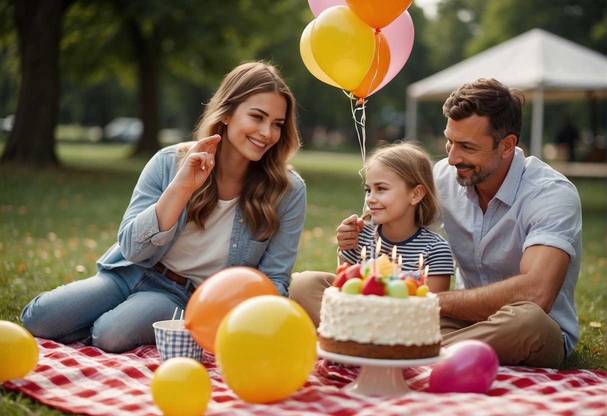 A family picnic in a sunny park with a colorful balloon bouquet and a homemade birthday cake on a checkered blanket