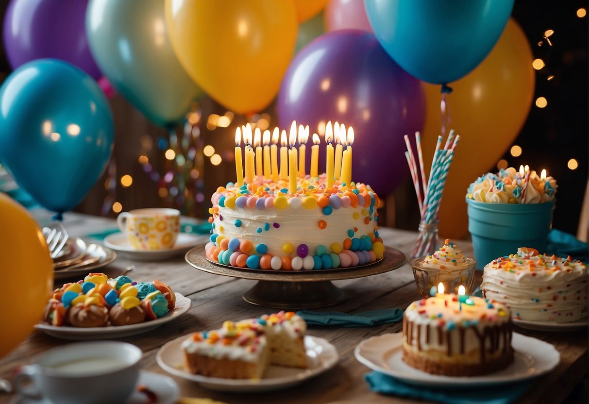 A festive table set with colorful decorations and a birthday cake with 69 candles. Balloons and streamers fill the room, and a banner reads "Happy 69th Birthday!" Gifts are piled on a nearby table