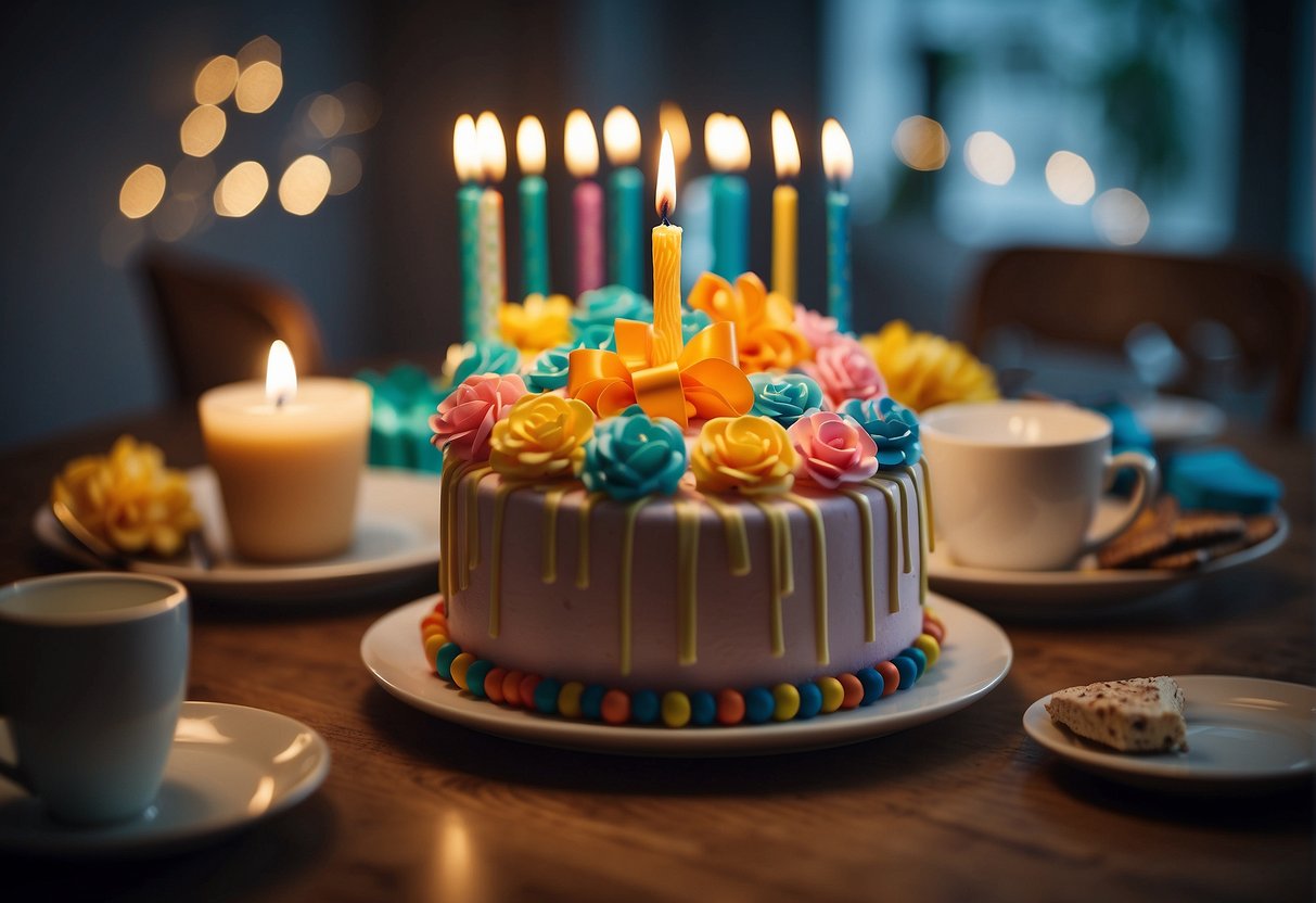 Colorful gifts and cards surround a birthday cake with 69 candles. Smiling faces and laughter fill the room as friends and family show their appreciation