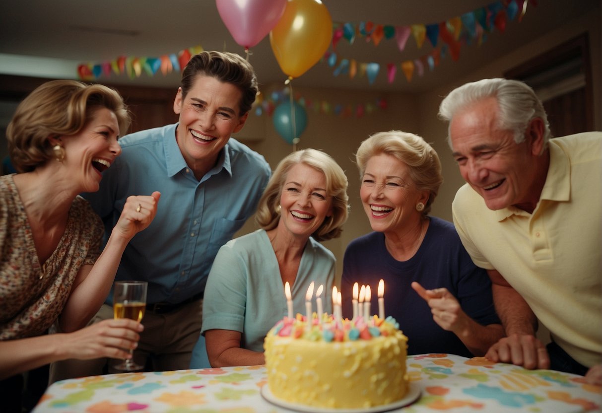 A group of people gather around a table filled with colorful decorations and a large cake with "Happy 70th Birthday" written on it. They are laughing and chatting while opening presents and enjoying the festivities