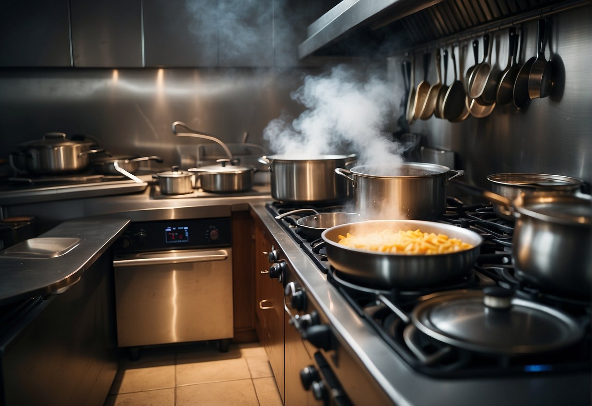 A bustling kitchen with pots and pans clanging, ingredients being chopped, and steam rising from the stove