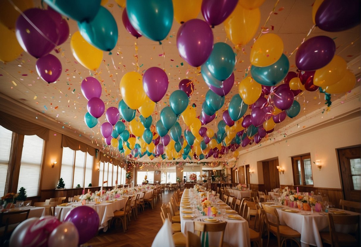 Colorful banners hang from the ceiling, surrounded by balloons and confetti. Soft lighting and elegant centerpieces create a warm and festive ambiance for the 70th birthday celebration