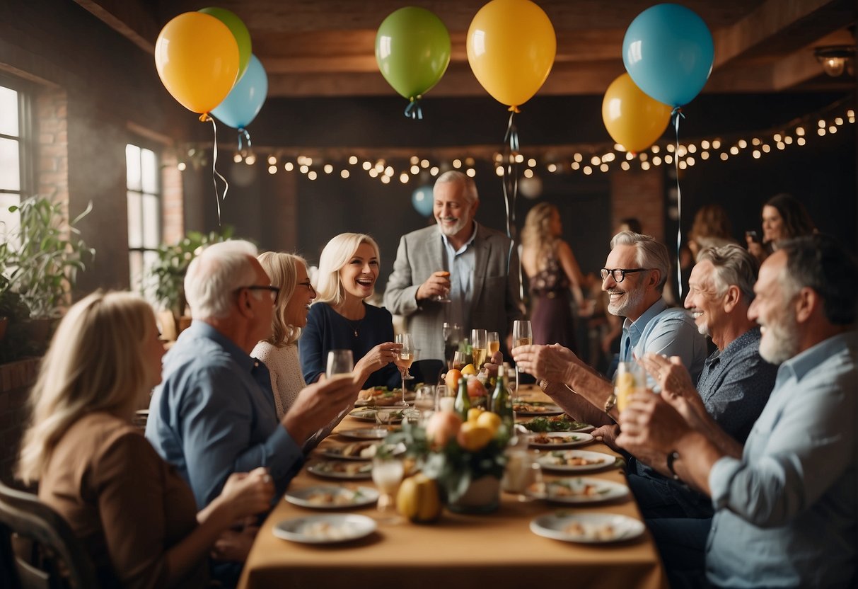 A lively party with balloons, music, and games. Guests mingle and laugh while enjoying food and drinks. A banner reads "Happy 70th Birthday" in bold letters