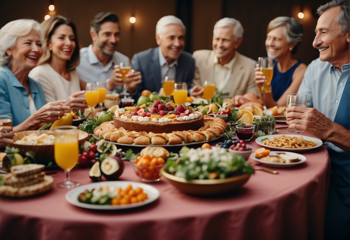 A table adorned with a colorful array of food and beverages, surrounded by smiling guests celebrating a 70th birthday