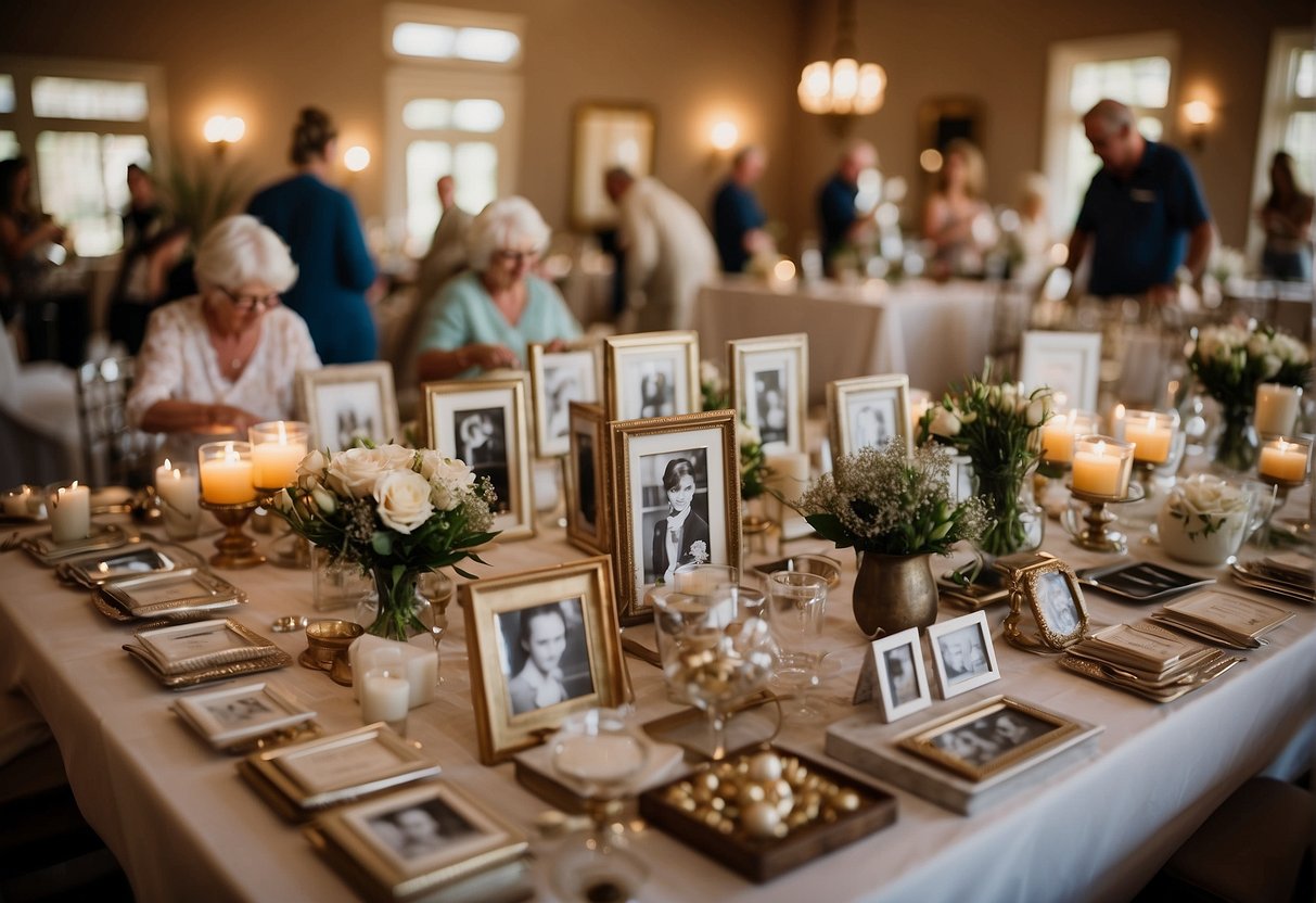 Guests arranging personalized gifts and decorations for a 70th birthday celebration. Tables filled with framed photos, handmade cards, and thoughtful mementos