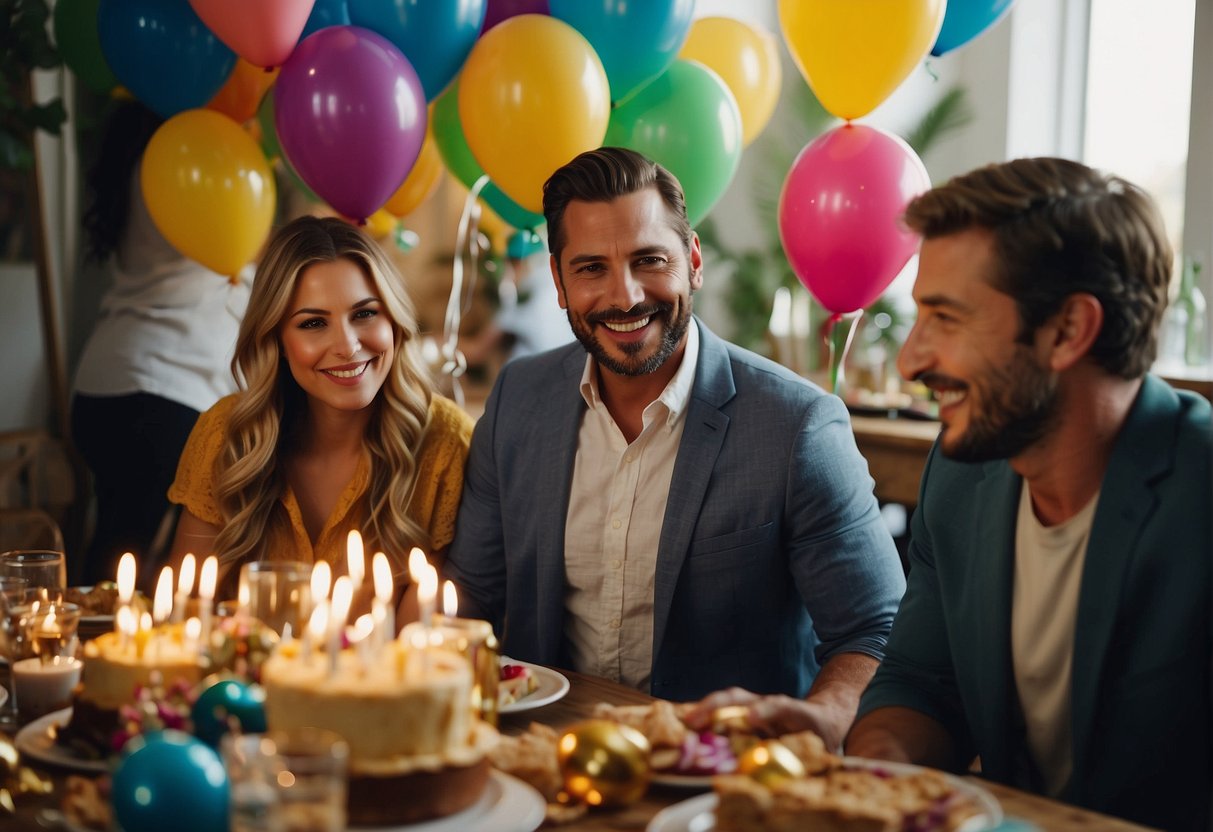 A group of people gathered around a table covered in colorful decorations, balloons, and a large birthday cake with 71 candles. Laughter and conversation fill the room as the birthday honoree opens presents and enjoys the festivities