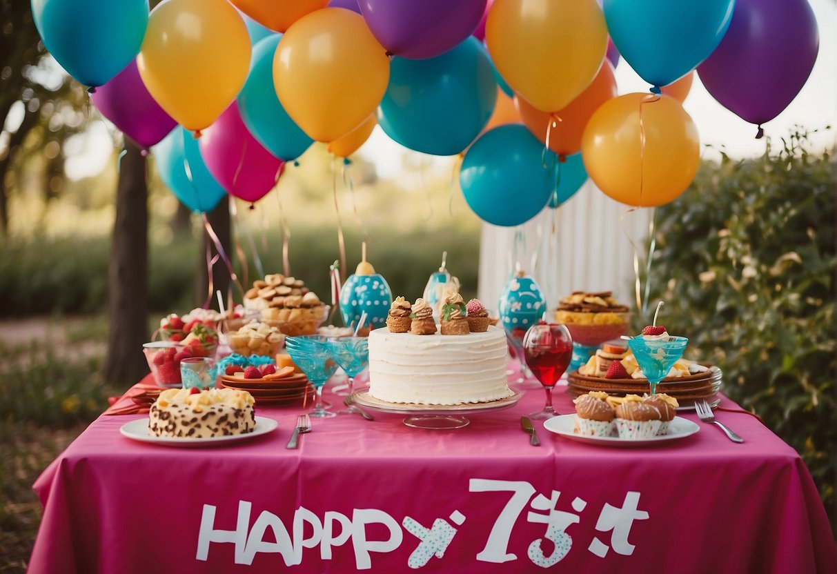 A colorful party table with balloons, cake, and presents. A banner reads "Happy 71st Birthday" as guests mingle and celebrate