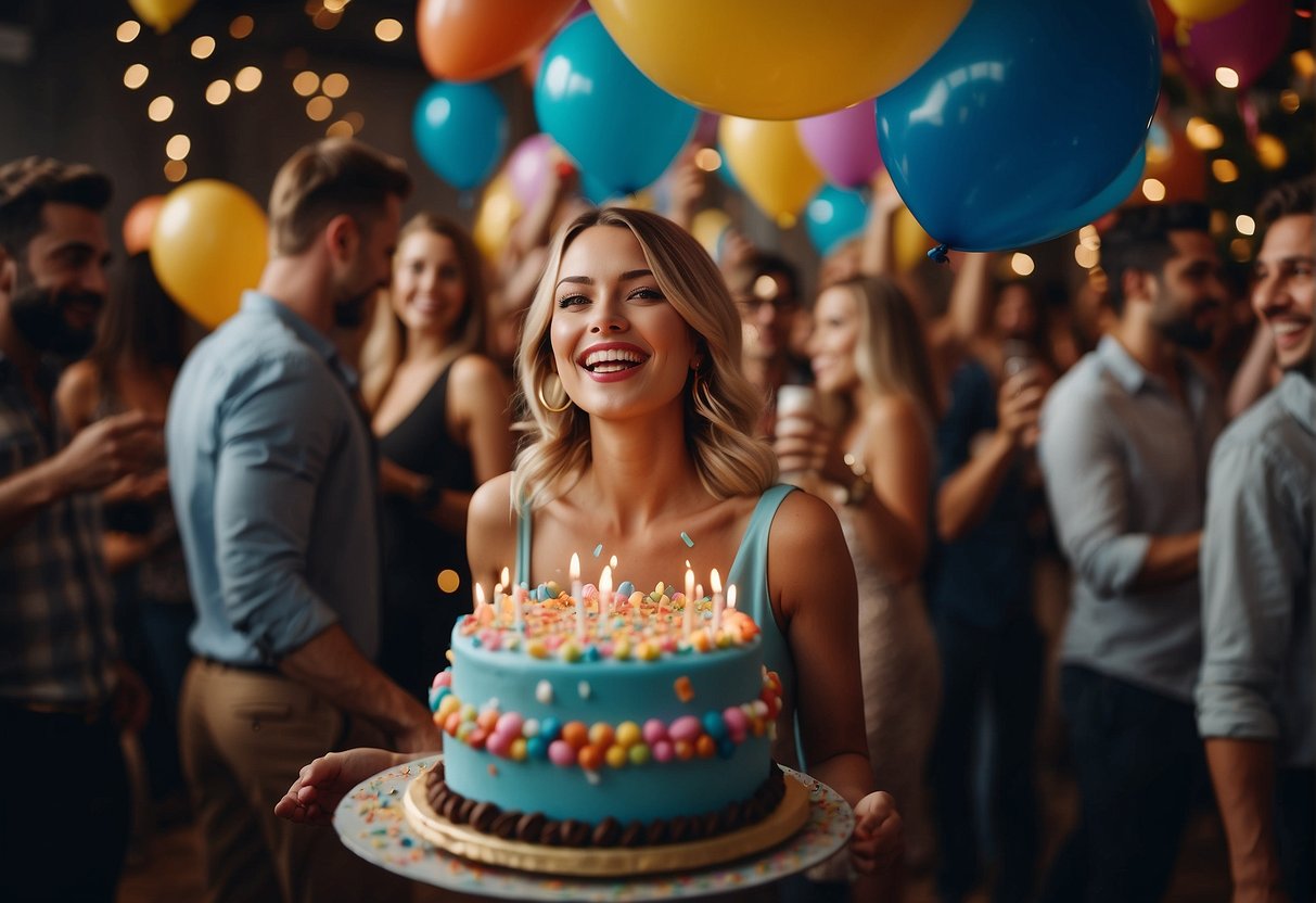 A colorful party scene with balloons, confetti, and a birthday cake surrounded by lively guests enjoying music, dancing, and games