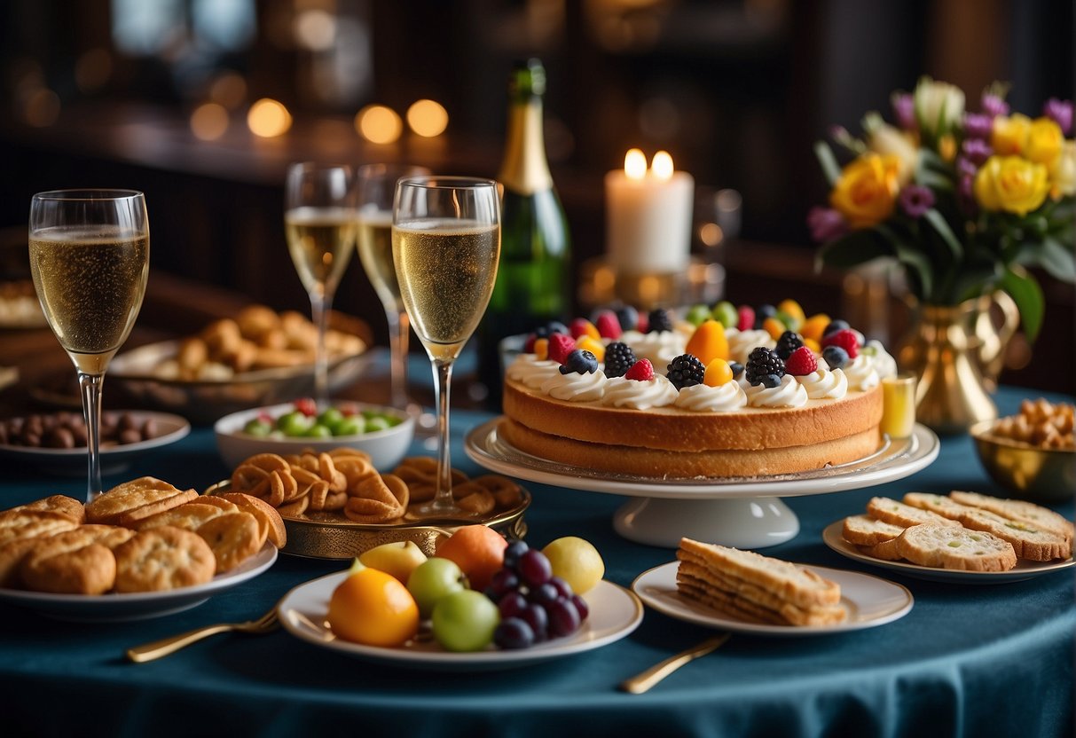 A table set with a colorful array of birthday treats and drinks, including a decorative cake, champagne glasses, and assorted appetizers