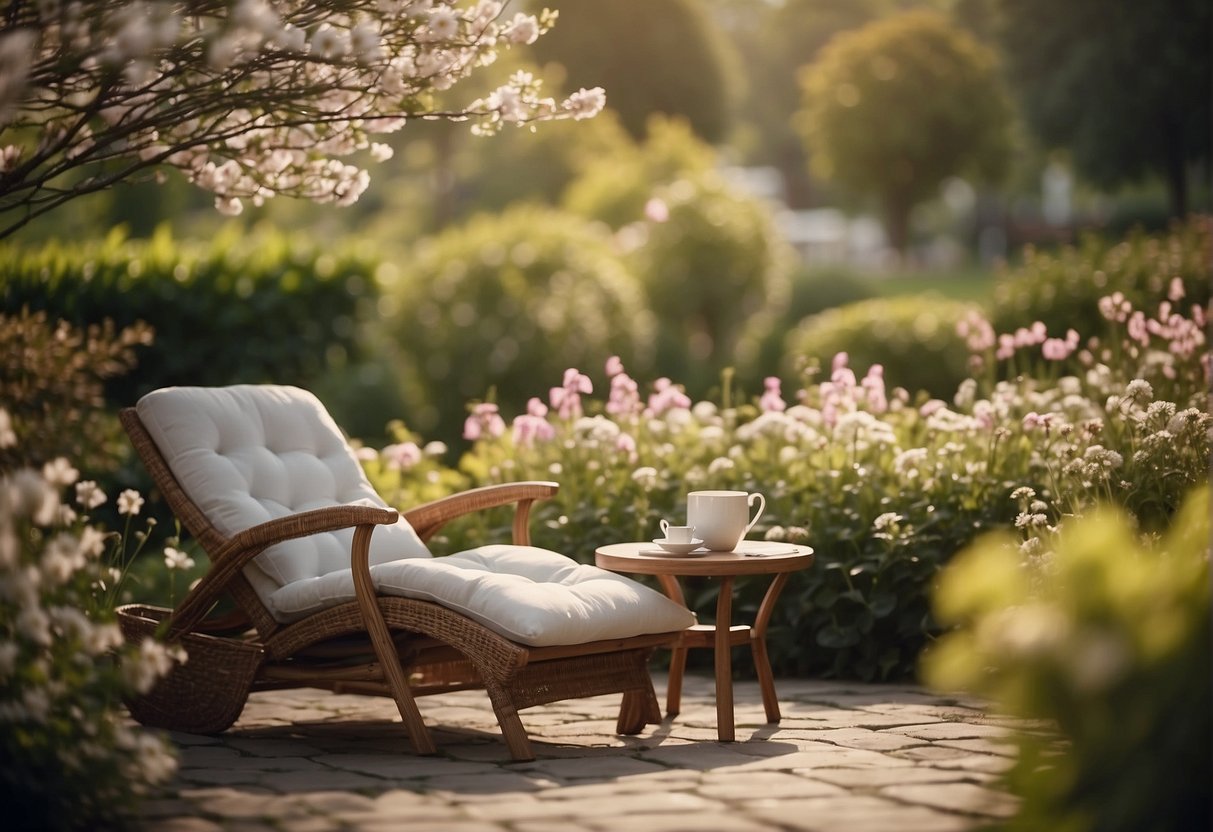 A serene garden setting with a comfortable lounge chair, surrounded by blooming flowers and a gentle breeze. A small table holds a book and a cup of tea, while birds chirp in the background