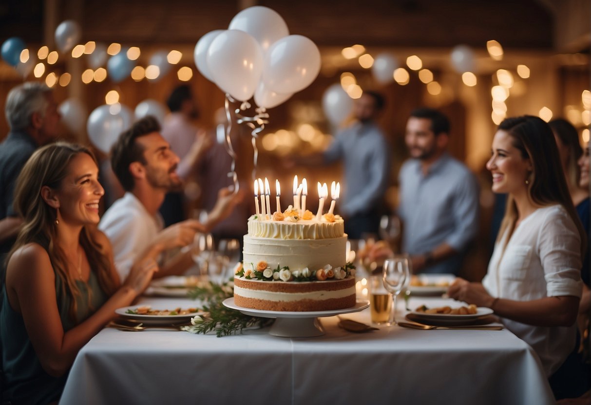 A table adorned with festive decorations and a large cake surrounded by friends and family. Gifts and balloons fill the room as everyone laughs and enjoys the celebration