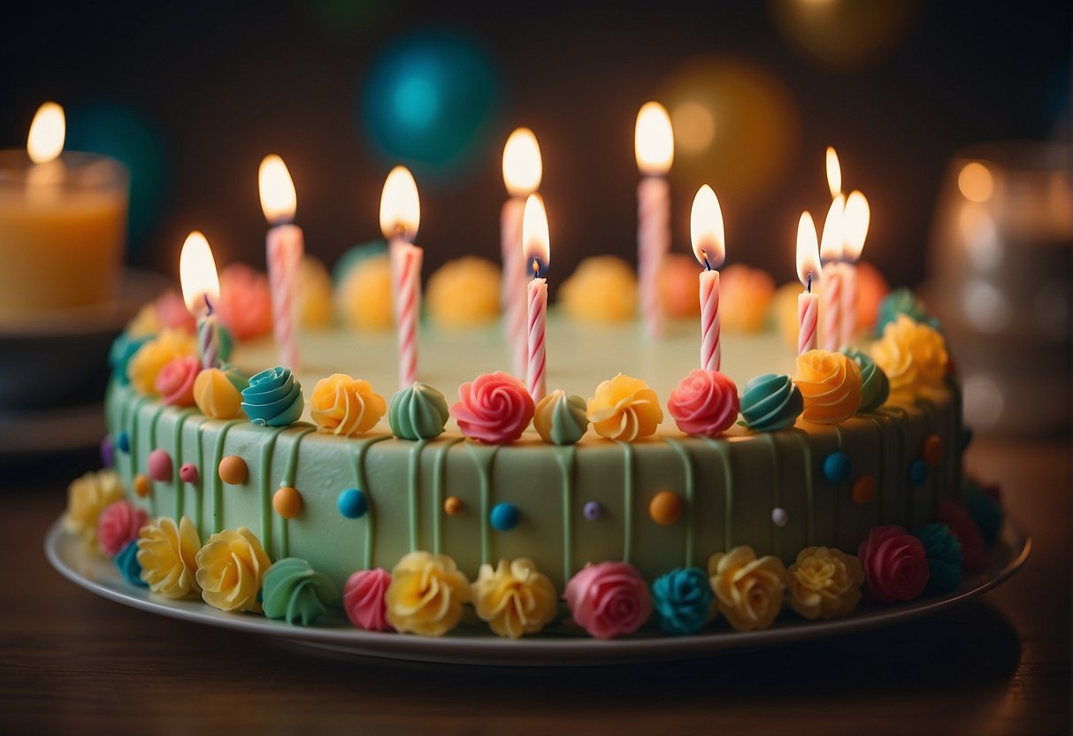 A table set with colorful decorations, a cake with 72 candles, and a group of excited guests playing games and singing happy birthday