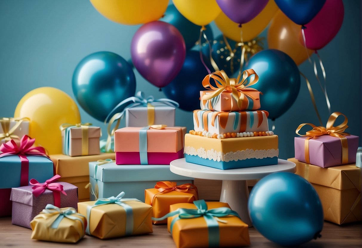 Colorful gifts and shopping bags surround a birthday cake and balloons. A happy atmosphere with decorations and a sense of celebration