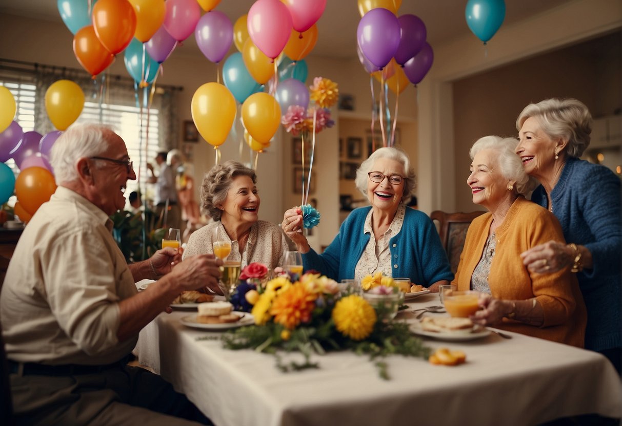 A group of elderly people gather around a beautifully decorated table, sharing laughter and joy as they celebrate a 72nd birthday. The room is filled with colorful decorations and balloons, creating a festive atmosphere