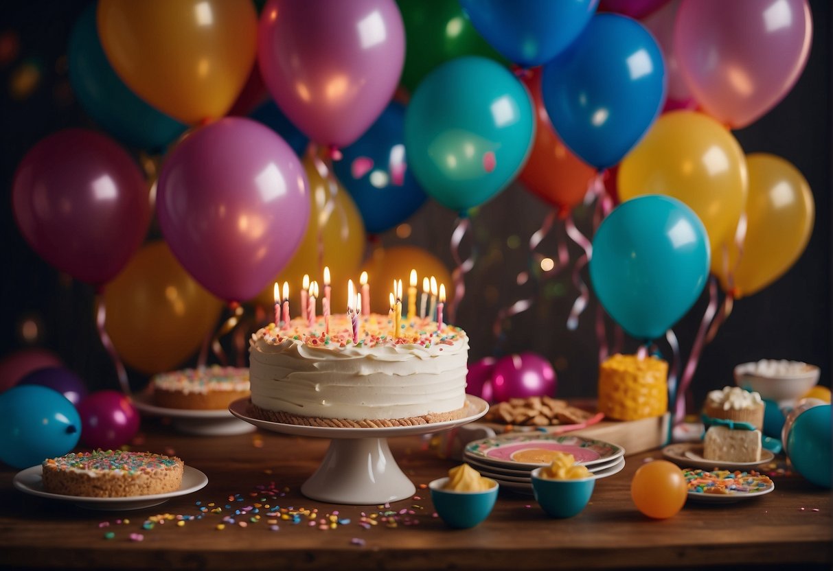 A table set with a colorful birthday cake surrounded by family photos and cards. Balloons and streamers decorate the room, while a group of loved ones gather around to celebrate