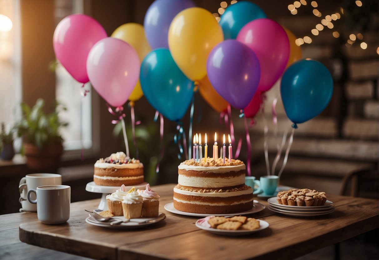 A table set with cake, balloons, and gifts. A group of friends and family gathered, laughing and chatting. A birthday banner hangs in the background