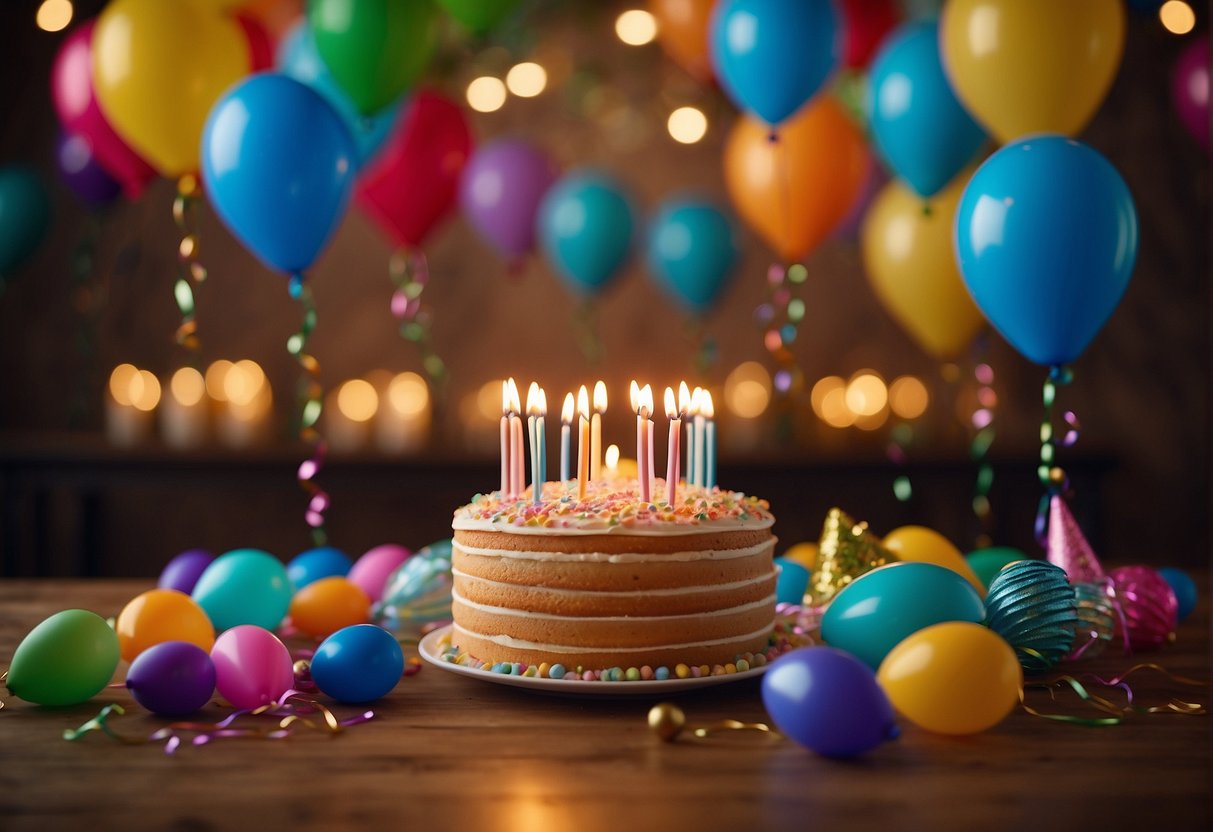 A colorful banner hangs above a table adorned with party hats and streamers. Balloons fill the room, and a cake with 73 candles sits in the center