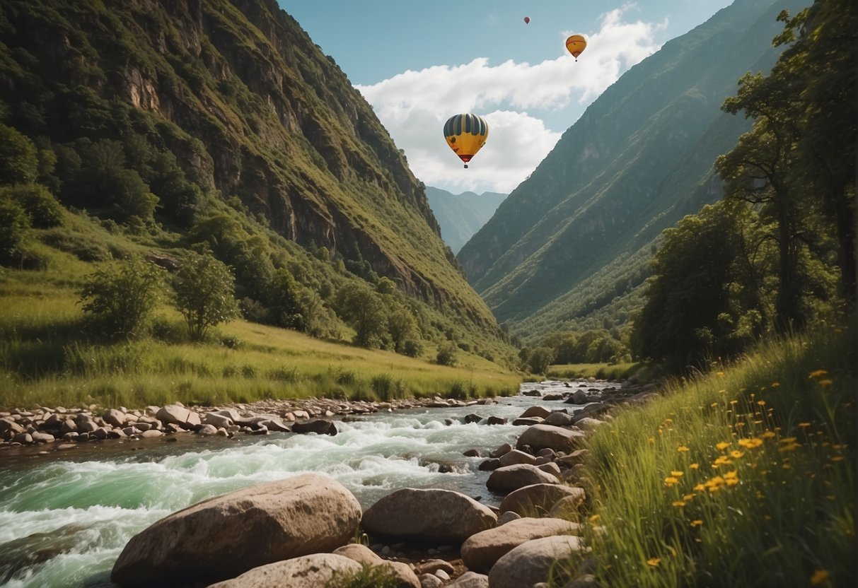 A colorful hot air balloon floats above a lush green landscape, while a group of hikers trek through a rugged mountain terrain, and a kayak glides down a rushing river