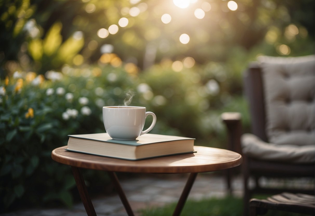 A serene garden with a cozy patio set, a book, and a cup of tea. A gentle breeze rustles the leaves, creating a peaceful atmosphere for a 73rd birthday celebration