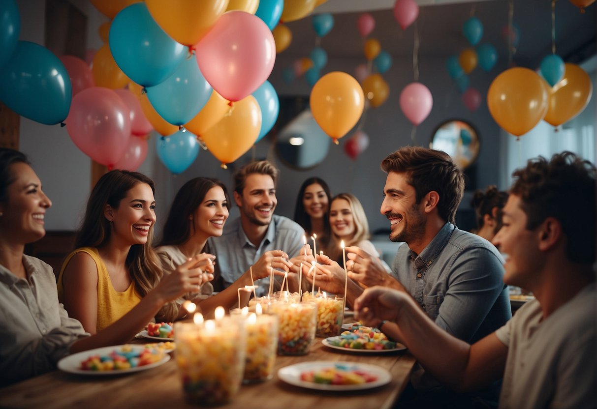 People playing games, laughing, and enjoying a birthday party. Balloons and decorations add to the festive atmosphere