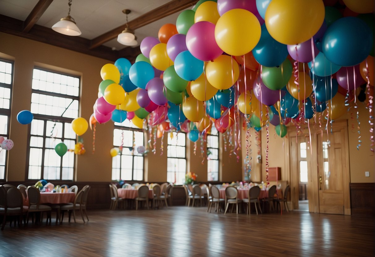 A colorful array of balloons and streamers adorn a festive party room, with a large "73" birthday banner hanging prominently. Tables are set with elegant centerpieces and a variety of games and activities are spread throughout the space